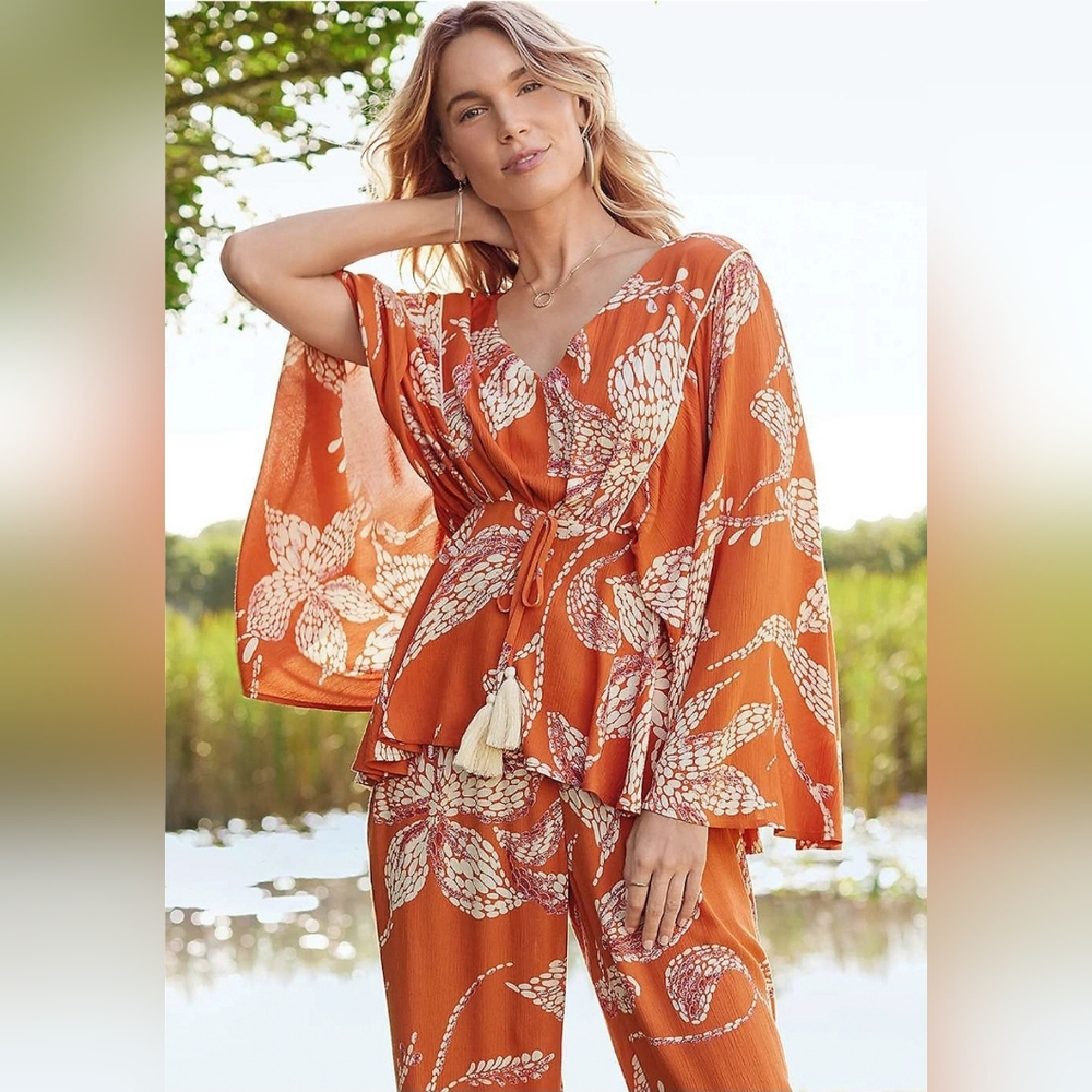 NWT Maurices Orange Floral Flounce Sleeve Peplum Top